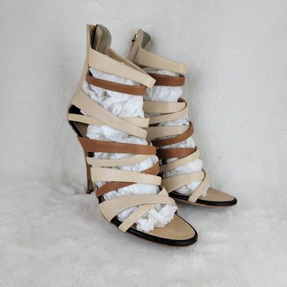 Giuseppe Zanotti Tan Strappy Leather High Heel Zip Back Sandals Size 39.5 US 9.5 - Picture 1 of 11